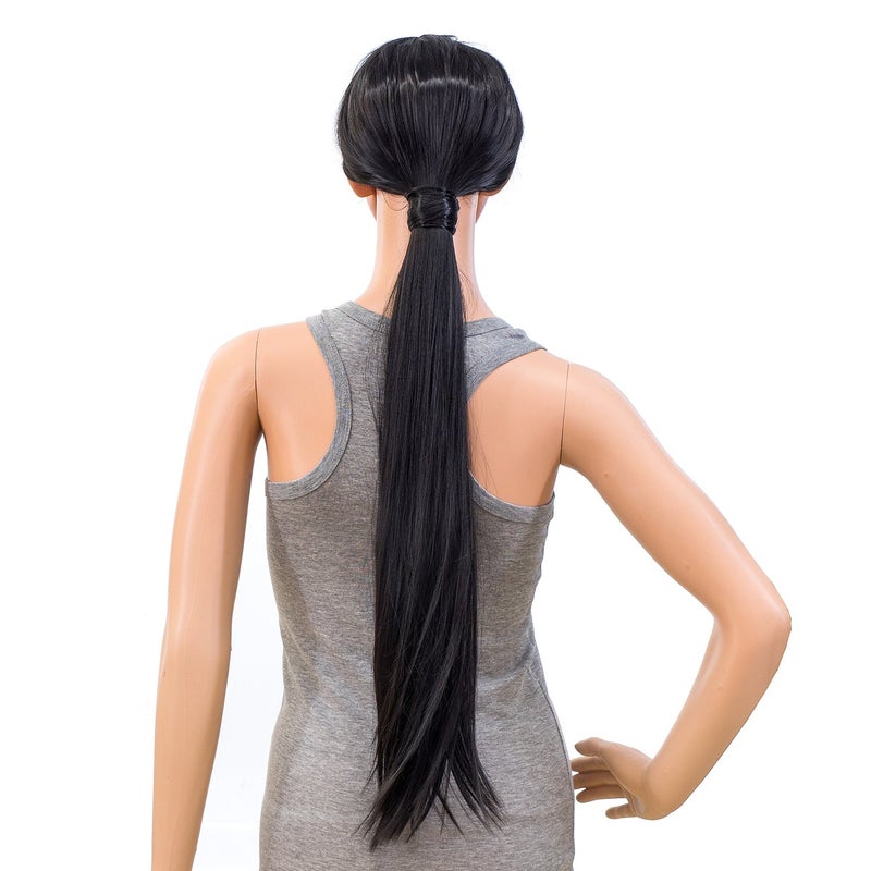 SWACC Women Long Straight/Curly Wavy Wrap Around Ponytail Extension Synthetic Hair Piece Clip in Hair extensions (Straight, 1B#-Off Black) - Image 2